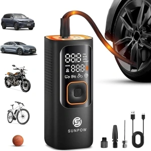 SUNPOW Electric Tyre Inflator Portable Air Compressor, 160psi Cordless Mini Air Compressor for Car Tires, Rechargeable 7500mah Battery, Auto-Shutoff Car Tyre Pump with LCD Dual Screen