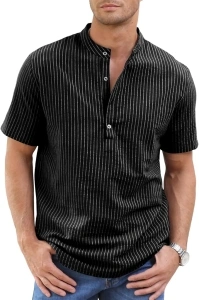 Mens Linen Shirts Casual Cotton Henley Neck Striped Shirt Summer Short Sleeve Shirts