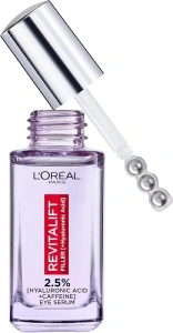 L'Oréal Paris 2.5% Hyaluronic Acid and Caffeine Eye Serum, Revitalift Filler, Replumps, Brightens And De-Puffs Eyes – 20ml