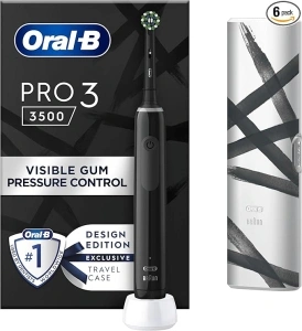 Oral-B Pro 3 Electric Toothbrushes Adults, 1 Toothbrush Head & Travel Case, 3 Modes with Teeth Whitening, 2 Pin UK Plug, Black