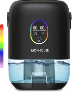 MONHOUSE Premium Dehumidifer - 1000ml - Ultra Quiet Electric Moisture Absorber - 7 Colorful Nightlight, 2 Working Modes, Touch Screen, Auto Shut Off, Humidity & Temperature Indicator - Black