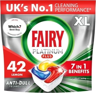 Fairy Platinum Plus All-In-1 Dishwasher Tablets Bulk, Fairy Dishwasher Tablets Platinum Plus, 42 Tablets, Lemon, With Anti-Dull Technology & Rinse Aid Action