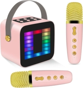 Karaoke Machine for Kids, Xndryan Portable Karaoke Machine with 2 Microphones, 12 Colors Lights and 5 Voice Changing Effects Bluetooth Karaoke Machine Wireless Karaoke Toys for Girls Boys (Pink)