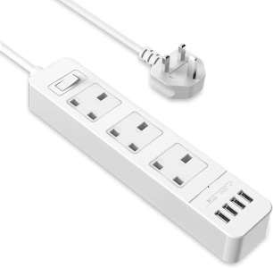 JSVER Extension Lead USB, Power Socket with 3 Outlet 4 USB Charging Station Power Strip USB with 2m Power Lead-White