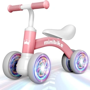 HappyGoLucky Baby Balance Bike 1 2 Year Old, 4 Wheels Lighting Ride On Toys for 1 2 Year Old Girls Gifts, Toddler Toys 1 2 Year Old Girl Toys Age 1-2, Baby Toys 10-36 Months Old Tricycles