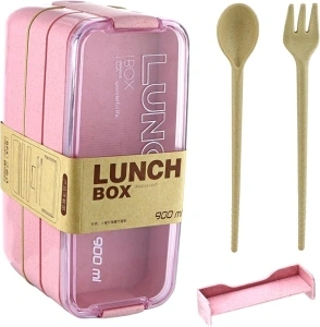 Triple Layer Lunch Box, 3 Compartment Packed Lunch Box, BPA Free, Microwave and Dishwasher Safe, Stackable, Cutlery Fork and Spoon Included (Pink)