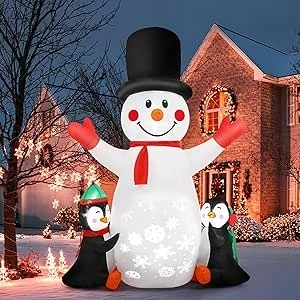 6FT Christmas Inflatable Snowman Decoration, Victop Christmas Snowman Outdoor Decorations with Rotating Snow LED Light and 2 Penguins, Weatherproof Snowman for Holiday Party Xmas Garden Patio Yard