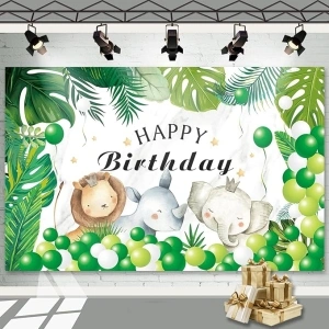 Happy Birthday Backdrop Banner, Safari Animal Birthday Banner for Kids, Green Jungle Wild Party Decoration Banner for Kids Boys Birthday Party Baby Shower Wall Decor