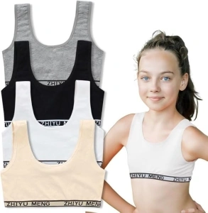 4 Pcs Girls Sports Bra, Underwear Sports Training Bra, Teenage Bras, Cotton Training Bras, Sports Bras Non Padded, Sleep Bras Cotton Crop Tops for Girls 8-15 Years, White, Black, Gray, Beige