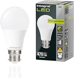 Integral LED B22 Non-Dimmable Dusk to Dawn Dual Sensor Frosted GLS Bulb – Warm White 2700K, 470lm, 4.8W (40W Equivalent) - Energy efficient & Ideal for Outdoor, Porch, Garage, Garden, Patio