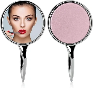 Handheld Compact Mirror with Handle for Girls and Women, Personal Cosmetic Round Makeup Mirrors, Portable Travel Mirror with Distortion Free, Pink and Silver