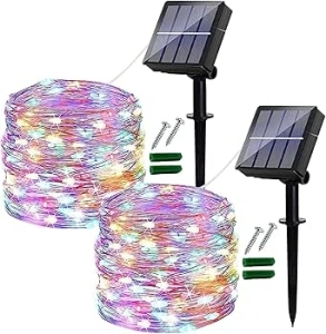 Solar Fairy Lights Outdoor, 2 Pack Each14M/46Ft Garden Lights Solar Powered Waterproof, 120 LED 8 Modes Copper Wire Decorative Solar String Lights for Trees, Garden, Party (Multi-Coloured)