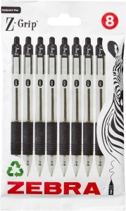 Zebra Pen Z Grip Black Ballpoint Pens with Pocket Clip 8pk, Retractable Black Ink Ballpoint Pens, Reliable Black Biro Pens Multipack for Everyday Use Design, New Pack Size 8pk