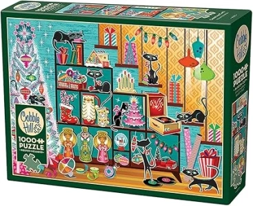 Cobble Hill 1000 Piece Puzzle Christmas Cats-Sample Poster Included, Red