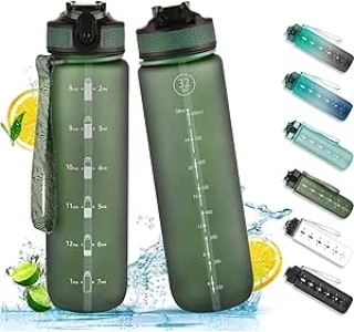 1L Water Bottle with Straw, Sports Drinks Bottle with Time Markings, Leak Proof, Tritan BPA free for School/Cycling/Running(DeepGreen)