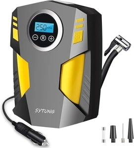 Digital Tyre Inflator, Portable Air Compressor Car Tyre Pump with 3 Nozzle Adaptors and Digital LED Light, 12V Rapid Tyre Inflator Air Compressor for Car Tires and Other Inflatables