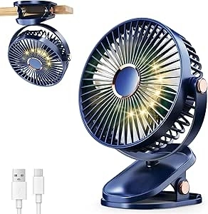 iNeibo Portable Clip on Fan with LED Lights, 4000mAh Battery Operated USB Desk Fan, 4 Speed,720° Rotation, Quiet Rechargeable Mini Table Fan for Home Office Stroller Camping (Blue)