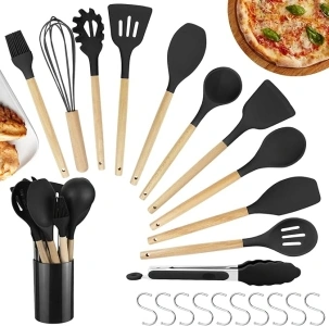 Silicone Kitchen Utensils Set, 22 PCS Kitchen Utensil Set with Wooden Handle, Non-Sticky, Heat Resistant, Easy Cleaning Utensil Set, Silicone Spatulas for Home Cooking Kitchen Gadgets Tools (Black)
