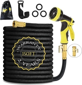 HmiL-U Garden Hose 150ft 45m Strongest Double Latex Inner Tube Prevent Leaking Magic Hosepipe with 9 Function Spray Gun+Solid Brass Fittings (Retracted Length 50ft)【2 YEARS 100% Guaranteed】(150ft)