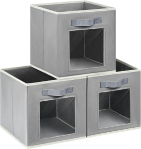 SWHFWSW Storage Cubes -11 Inch Cube Storage Bins with Window, Closet Storage Baskets with Handle, Fabric Bins for Closet, Shelves, Toys, Clothes, Set of 3, Grey