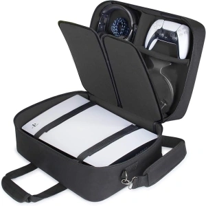 USA Gear PS5 Case - Console Case Compatible with PlayStation 5 and PS5 Digital Edition with Customizable Interior for PlayStation Controller, Games, Gaming Headset, and Gaming Accessories (Black)