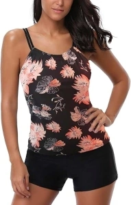 Women's Tankini Sets Tummy Control High Waist Swimsuit with Boyshort Plus Size Floral Halter Swimwear