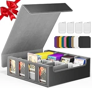 MTG Trading Card Storage Box Fits 3200+ Cards, Commander Deck Box Case, 4 Display Windows 24 Dividers 4 Card Holders, PU Leather Magnetic Closure For Magic/TCG/YuGiOh/Sport Cards- Black & Gray
