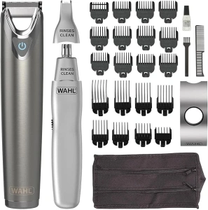 WAHL Stainless Steel Trimmer with Dual Head Ear and Nose Trimmer, 240 Minutes Cordless Run Time, Rinseable Features Hygienic Blades, Advanced Lithium Ion Technology