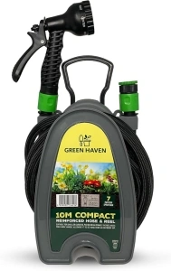 Green Haven Compact Hose Reel - Lightweight & Durable Reinforced 30ft Garden Hose Reel with 7 Adjustable Spray Gun Nozzles, Easy Storage, Compact, Perfect for Small Gardens & Patios