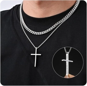 XUANPAI Men's Stainless Steel Cross Necklace - 2PC Silver Set with Sturdy Cuban Box Chain Inspirational Bible Verse Engraving Easter Birthday Gifts for Teens Religious Jewelry