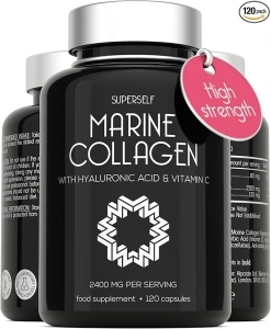 Marine Collagen Capsules 2200mg - with Hyaluronic Acid & Vitamin C - High Strength Complex for Skin Hair Joints Support - Premium Type 1 Peptides - Collagen Supplements for Women & Men - 120 Tablets