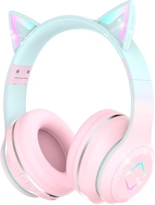 Bluetooth Kids Headphones,Cat Ear LED Light Up Kids Wireless Headphones,Bluetooth 5.1&Stereo Sound,Foldable,Adjustable Headband,Children Headphone with Microphone Over Ear for School/Tablet (Pink)
