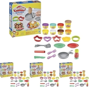 Play-Doh Kitchen Creations Flip 'n Pancakes Playset 14-Piece Breakfast Toy for Kids 3 Years and Up with 8 Non-Toxic Modelling Compound Colours (Pack of 4)