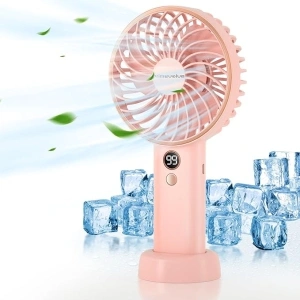 Primevolve Portable Handheld Fan with 5 Speed Settings, Desk Small Fan with Base and USB Rechargeable Battery, Mini Fan Perfect for Office, Home, Outdoor, Camping, and Travel Woman Girl- Pink