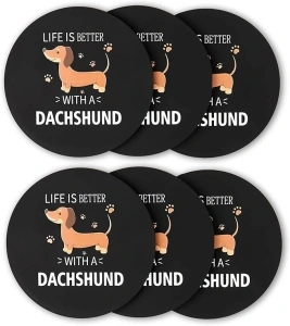 Dachshund Coasters Set of 6, Black Cup Mats Round Non-Slip Silicone Coasters, Beer Mats Coffee Table & Home Decor, Car Coaster, New Home Gifts
