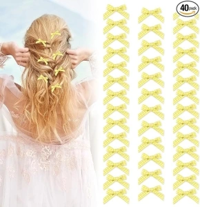 40pcs Plaid Mini Hair Bows Clips Mini Hair Clips Mini Bows knot Ribbon Barrettes Small Hair Bows Pigtail Bows Girl Hair Bows Toddler Hair Bows Mini Bows Girl Bows for Hair Y2k Hair Clips(Yellow)