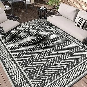 SIXHOME Outdoor Rug 120 * 180cm, Reversible Garden Rug for Patio, Waterproof UV-Resistant Outdoor Mat for Camping, Foldable Portable Picnic Mat, Black and Beige