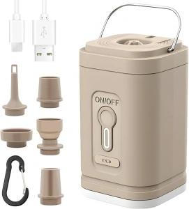 Portable Air Pump for Inflatables, Travel Mini Air Pump with 5 Nozzles, Rechargeable Air Mattress Pump for Pool Toys, Floats, Vacuum Bags, Camping & Travel