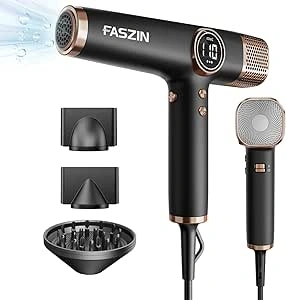 Faszin Hair Dryer, Lightweight Hairdryer with 110,000 RPM High Speed Motor for Fast Drying, 200 Million Ionic Hairdryers for Women & Men, Low Noise Hair Dryers, with 3 Magnetic Nozzle (Jet Black)