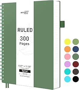 RETTACY A4 Notebook, Notepad, Wirebound Spiral Notebooks 300 pages/150 Sheets for Writing,100gsm College-Ruled Paper, Retro PVC Cover, for Women Men Work Office School,21.5 x 27.9cm - Dark Green