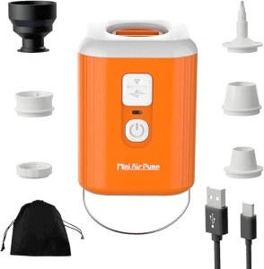 Huilynsen Portable Mini Air Pump Electric for Camping with Light - Quiet Inflation/Deflation for Air Mattress, Swimming Ring, Pool & Vacuum Storage Bags with 5 Nozzles, 1600mAh Battery