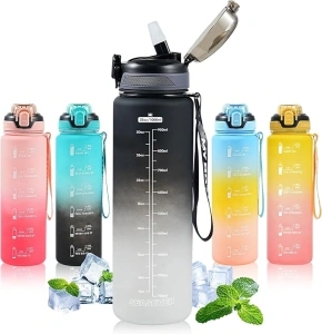 SEASEVEN 1L Water Bottle with Straw,Plastic Drinks Bottle,1 Litre Sports Water Bottles with Time Markings,Girls Boys Waterbottle Leak-Proof & Bpa-Free for Gym,Cycling, Office, Outdoor