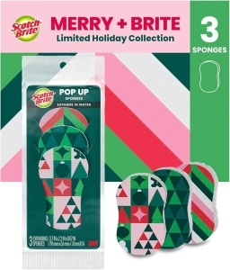 Scotch-Brite Christmas Pop-Up Sponges, 3 Pieces per Pack, Unique Compressed Sponges That Expand in Water, Festive Red and Green Pattern