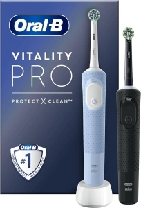 Oral-B Vitality Pro 2x Electric Toothbrushes For Adults, 2 Toothbrush Heads, 3 Brushing Modes Including Sensitive Plus, 2 Pin UK Plug, Black & Blue