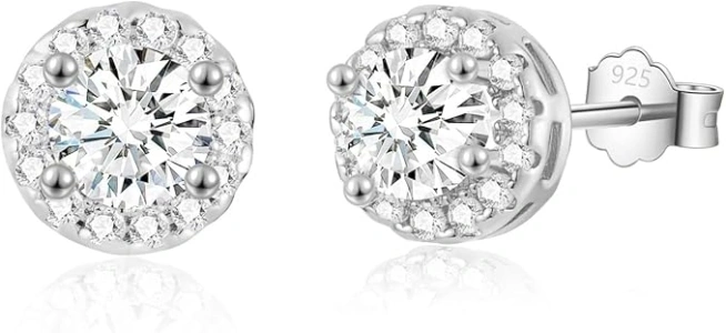 CERSLIMO Silver Stud Earrings for Women Girls, Round Faux Diamond Halo Earrings | S925 Sterling Silver Diamante Earrings - White Gold Heart Cubic Zirconia Studs Jewelry for Brides Bridesmaids Wedding