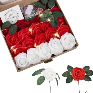 Warmiehomy Artificial Flowers Roses 25Pcs Fake Rose Flowers with Light & Gift Card Real Touched Artificial Foam Roses for Wedding Bouquets Party Valentine's Day Birthday Red&White