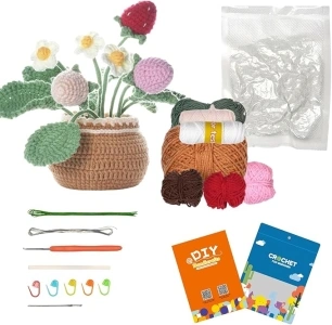 Driflo Coaster Potted Plant Crochet Kit for Beginners Adults Complete Crochet Starter Knitting Kit Flower Bouquet Potted for DIY Craft Gift with Various Accessories and Video Tutorials (Strawberry)