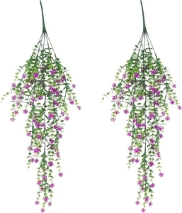 Driflo 2pcs Artificial Hanging Flowers Fake Eucalyptus Flower Leaves Hanging Plants Bouquet Faux Garland Vine Plants with Leaves for Wedding Party Garden Indoor Outdoor Wall Decor (Red)