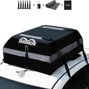 SNDMOR Car Roof Bag, 425L/15 Cubic Feet Waterproof Car Rooftop Cargo Carrier Bag, For All Vehicle With/Without Racks, Includes Anti-Slip Mat + 4 Reinforced Straps + 6 Door Hooks (Gray)