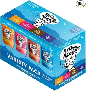 Meowing Heads Wet Cat Food - Variety Pack - 93% Natural Turkey, Chicken, Beef & Fish Pouches with No Artificial Flavours, Grain-Free Recipe (10 x 100g)